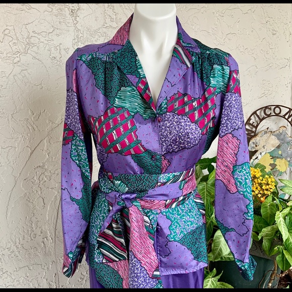Patchington Tops - VTG Jeweltone Blouse w/Scarf or Selfbelt